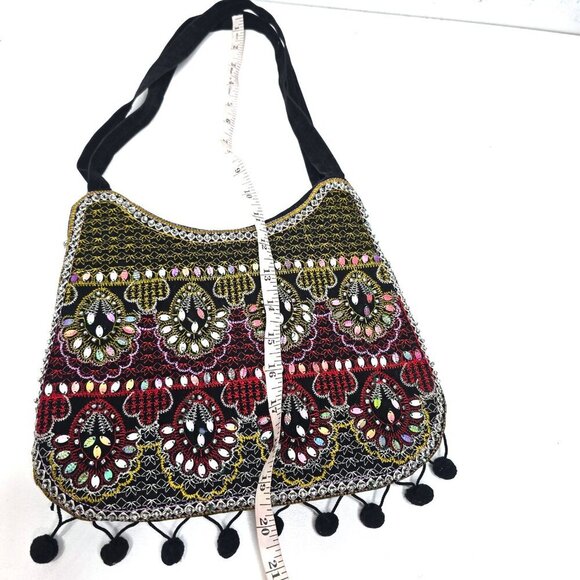 Vintage 90s Y2k Arcad Embellished Sequin Beaded Embroidered Black Shoulder Bag - Picture 8 of 8